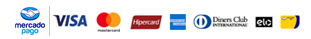 Bandeiras de cartão aceitas: Mercado Pago, Visa, Mastercard, Hipercard, American Express, Diners Club, Elo e Boleto