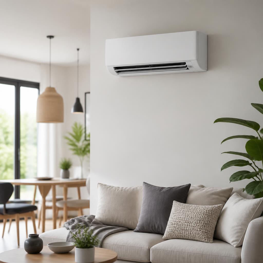 Ar-condicionado split inverter de parede instalado em sala de estar moderna